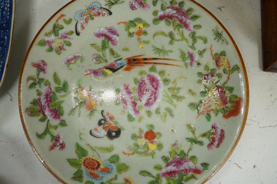 Nine items of mixed 18th century and later Chinese ceramics etc., largest plate 22.5cm diameter. Condition - minor chips to plate and bowl edges